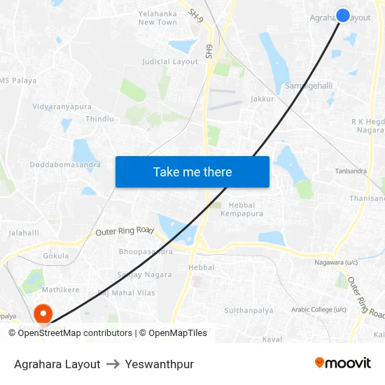 Agrahara Layout to Yeswanthpur map