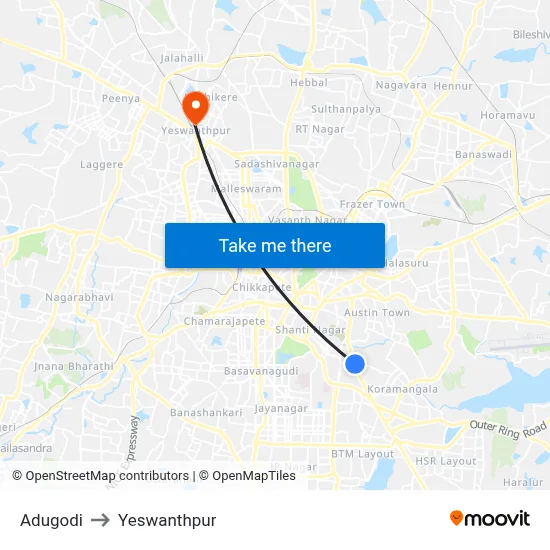 Adugodi to Yeswanthpur map