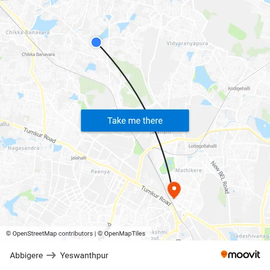 Abbigere to Yeswanthpur map