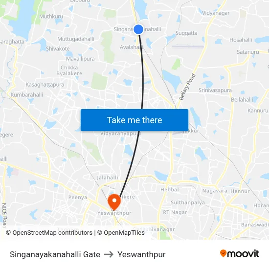 Singanayakanahalli Gate to Yeswanthpur map
