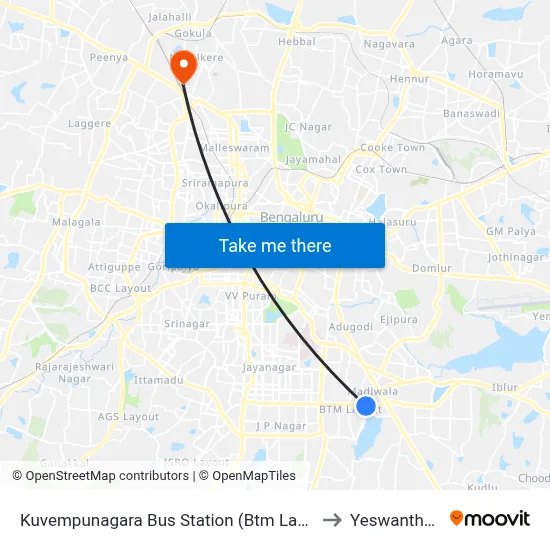 Kuvempunagara Bus Station (Btm Layout) to Yeswanthpur map