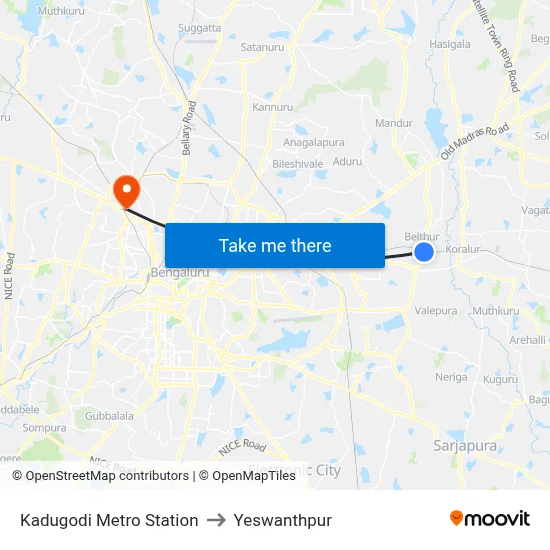 Kadugodi Metro Station to Yeswanthpur map