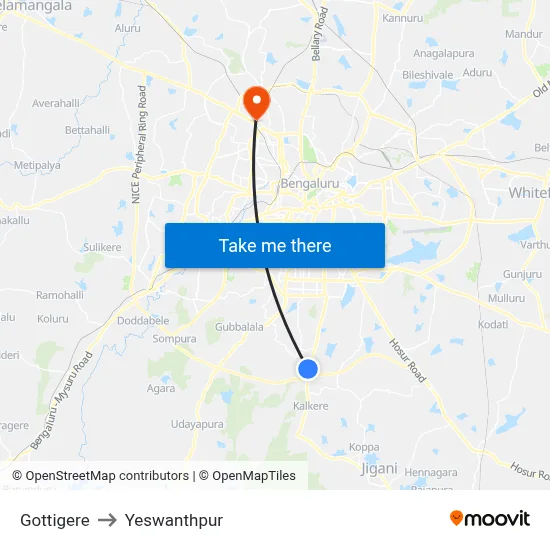 Gottigere to Yeswanthpur map