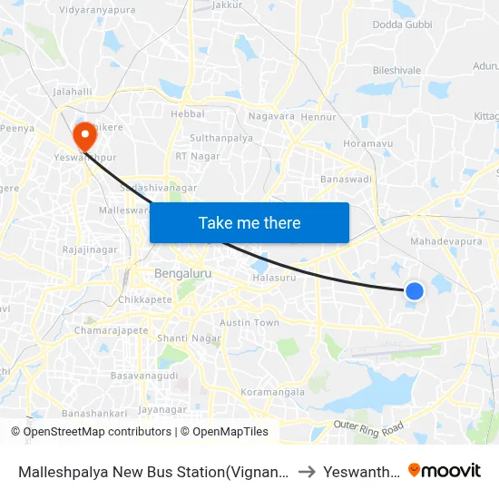 Malleshpalya New Bus Station(Vignananagar) to Yeswanthpur map