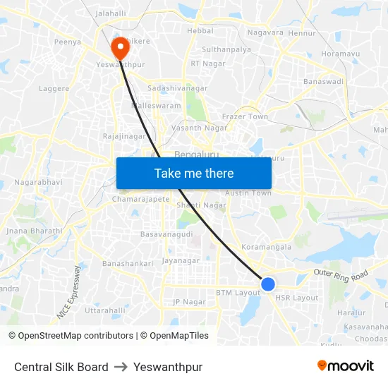 Central Silk Board to Yeswanthpur map