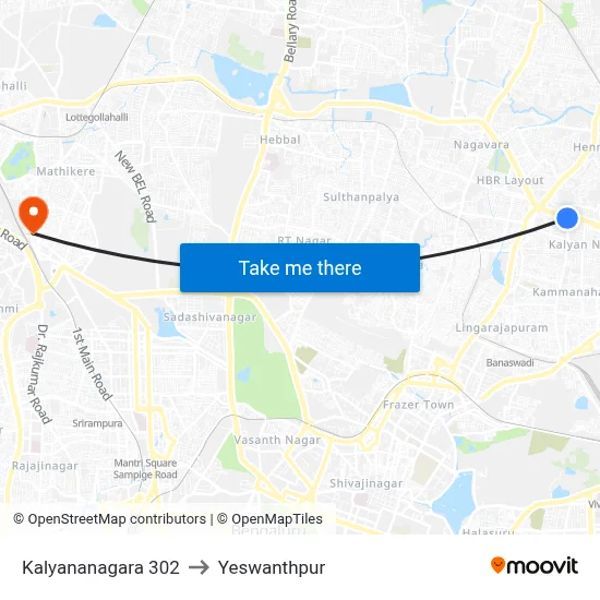 Kalyananagara 302 to Yeswanthpur map