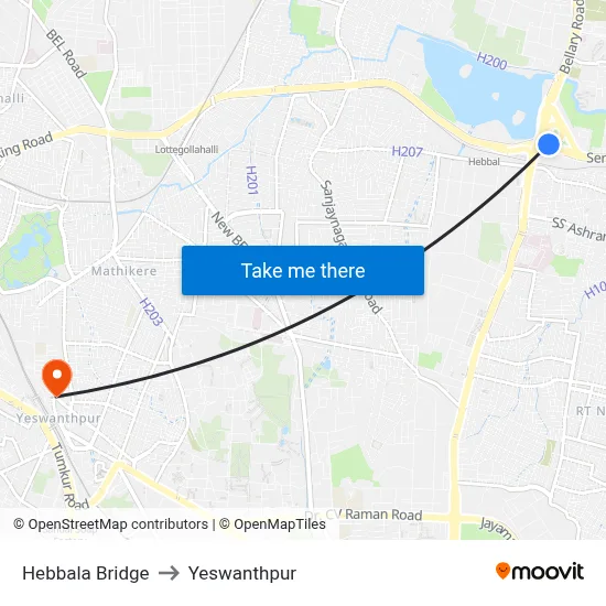 Hebbala Bridge to Yeswanthpur map