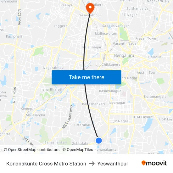 Konanakunte Cross Metro Station to Yeswanthpur map