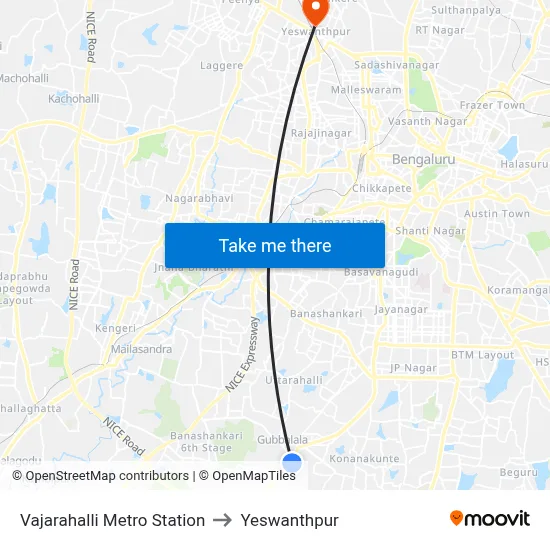Vajarahalli Metro Station to Yeswanthpur map