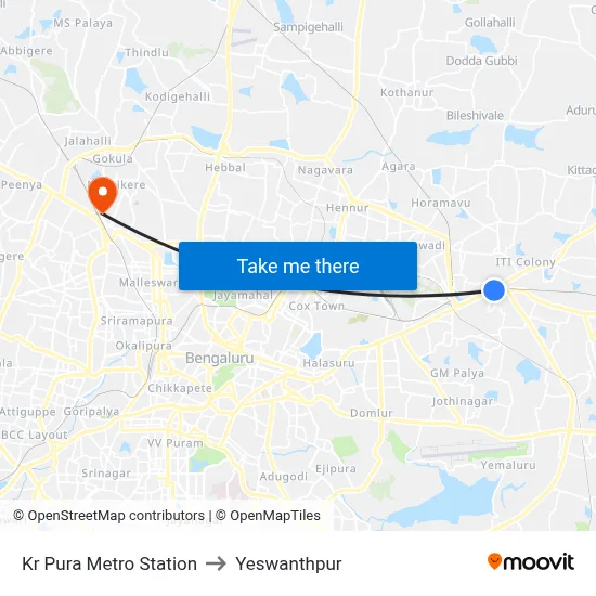 Kr Pura Metro Station to Yeswanthpur map