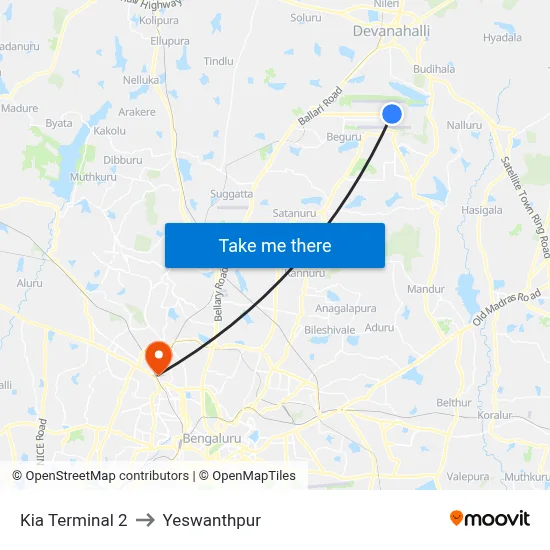 Kia Terminal 2 to Yeswanthpur map