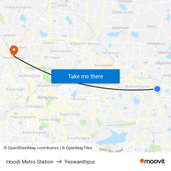 Hoodi Metro Station to Yeswanthpur map