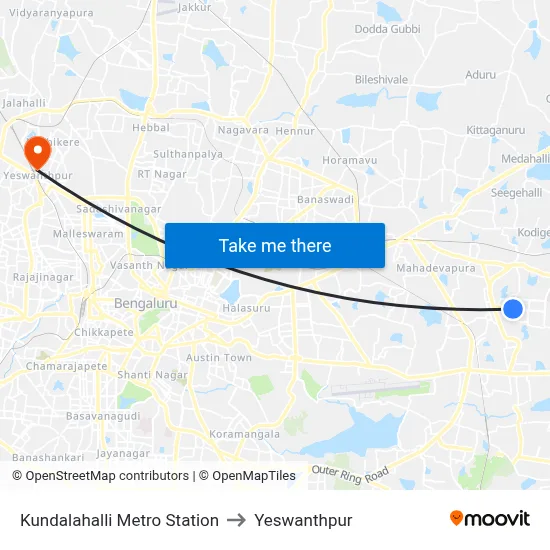 Kundalahalli Metro Station to Yeswanthpur map