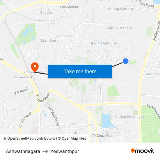 Ashwathnagara to Yeswanthpur map