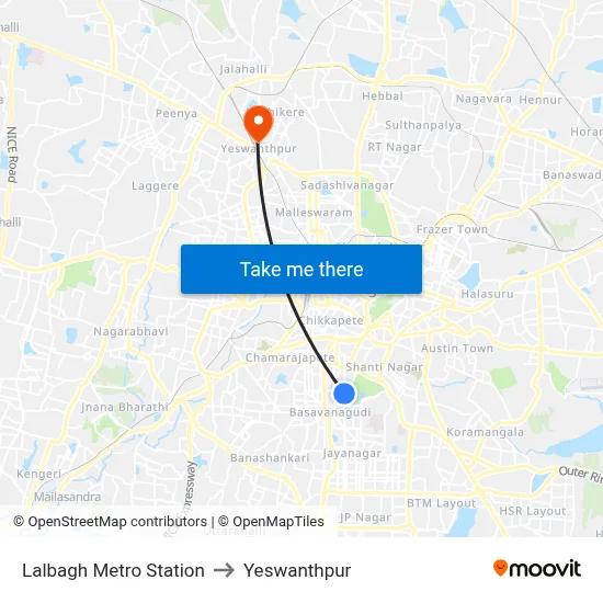 Lalbagh Metro Station to Yeswanthpur map
