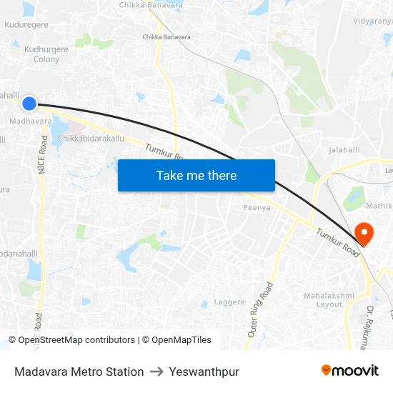 Madavara Metro Station to Yeswanthpur map