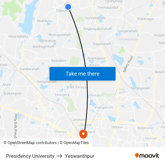 Presidency University to Yeswanthpur map