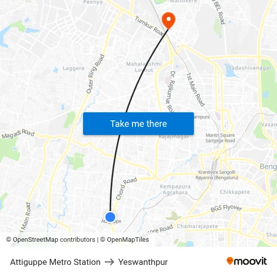 Attiguppe Metro Station to Yeswanthpur map