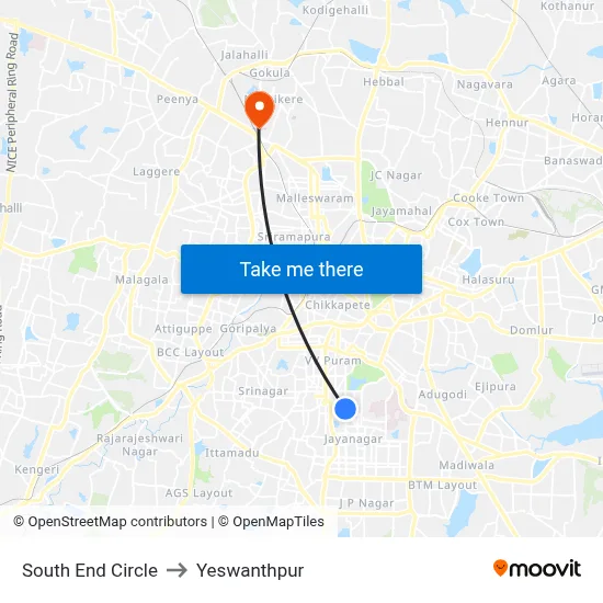 South End Circle to Yeswanthpur map