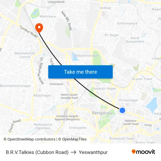 B.R.V.Talkies (Cubbon Road) to Yeswanthpur map