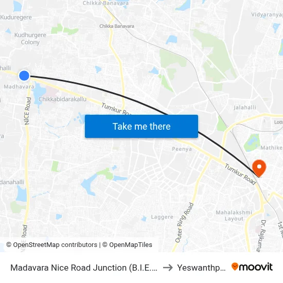 Madavara Nice Road Junction (B.I.E.C) to Yeswanthpur map