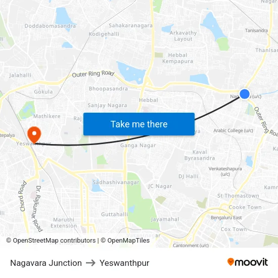 Nagavara Junction to Yeswanthpur map