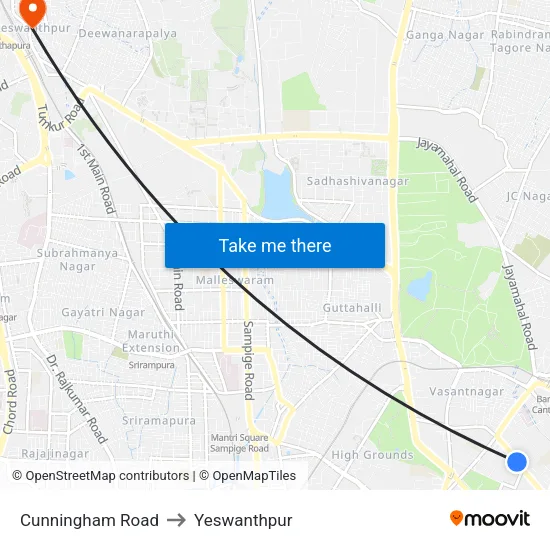 Cunningham Road to Yeswanthpur map