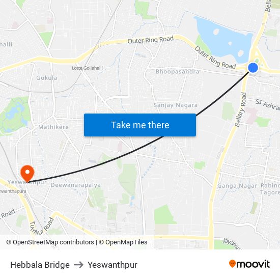 Hebbal Bridge to Yeswanthpur map