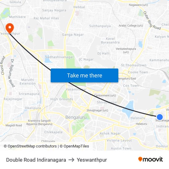 Double Road Indiranagara to Yeswanthpur map