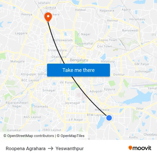 Roopena Agrahara to Yeswanthpur map