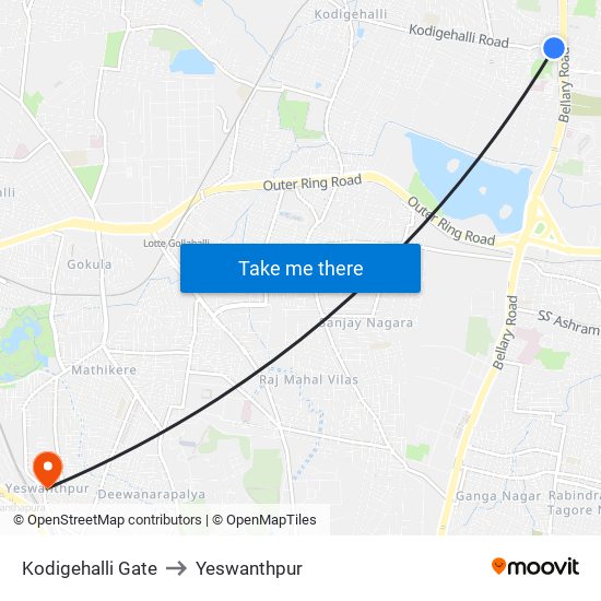 Kodigehalli Gate to Yeswanthpur map