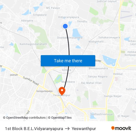 1st Block B.E.L.Vidyaranyapura to Yeswanthpur map