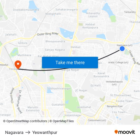 Nagavara to Yeswanthpur map