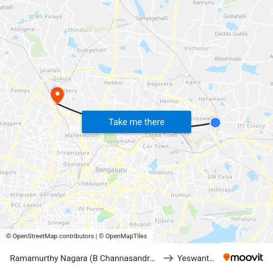 Ramamurthy Nagara (B Channasandra Bridge) to Yeswanthpur map