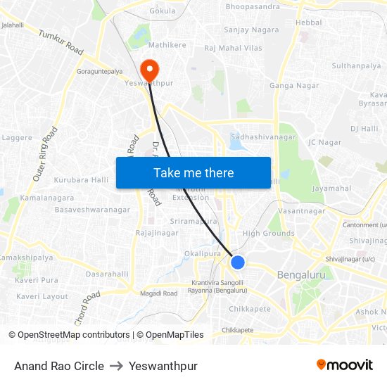 Anand Rao Circle to Yeswanthpur map