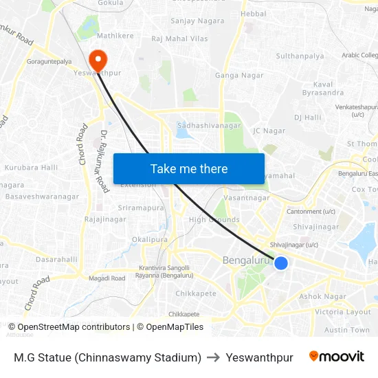 M.G Statue (Chinnaswamy Stadium) to Yeswanthpur map