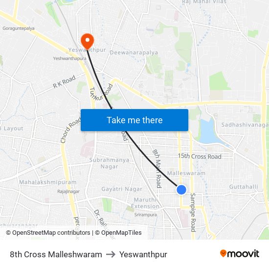 8th Cross Malleshwaram to Yeswanthpur map