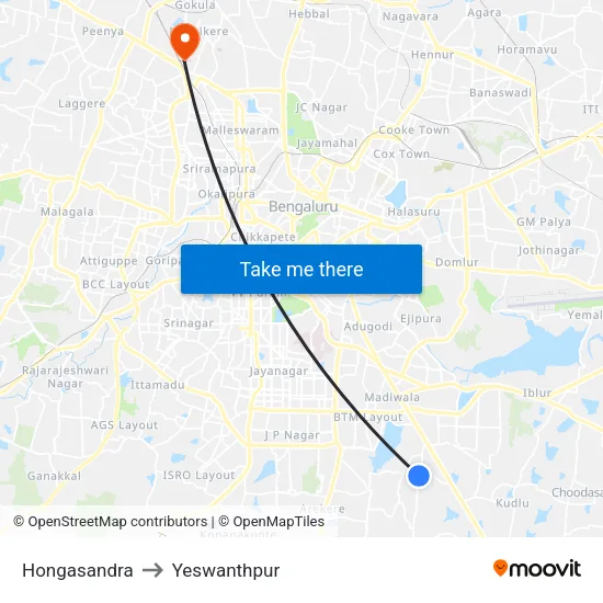 Hongasandra to Yeswanthpur map
