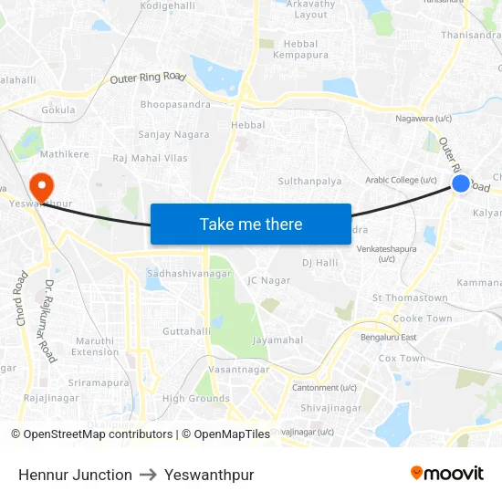 Hennur Junction to Yeswanthpur map