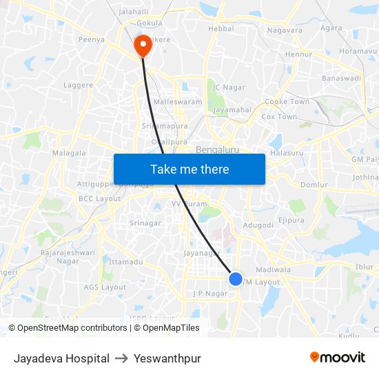 Jayadeva Hospital to Yeswanthpur map