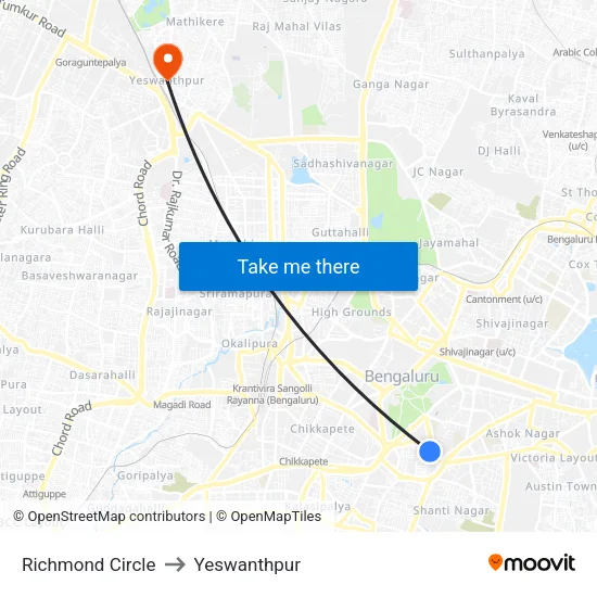 Richmond Circle to Yeswanthpur map