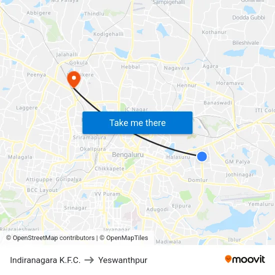 Indiranagara K.F.C. to Yeswanthpur map