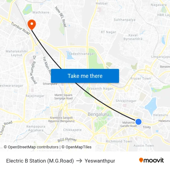 Electric B Station (M.G.Road) to Yeswanthpur map