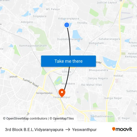 3rd Block B.E.L.Vidyaranyapura to Yeswanthpur map