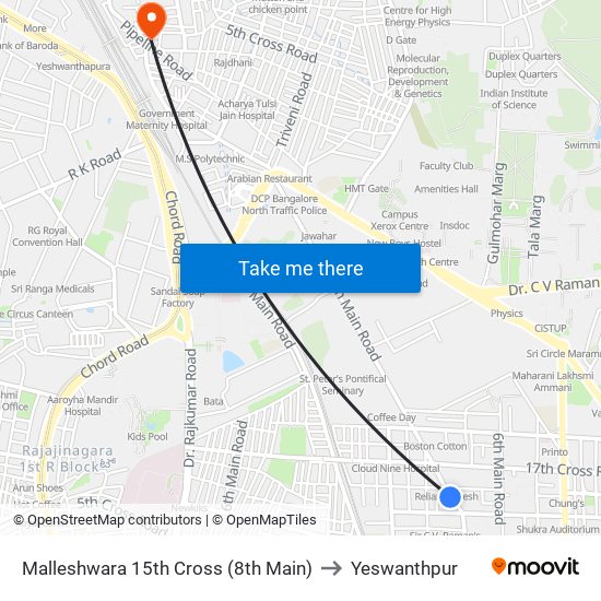 Malleshwara 15th Cross (8th Main) to Yeswanthpur map