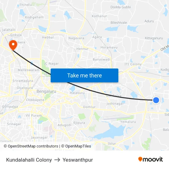 Kundalahalli Colony to Yeswanthpur map