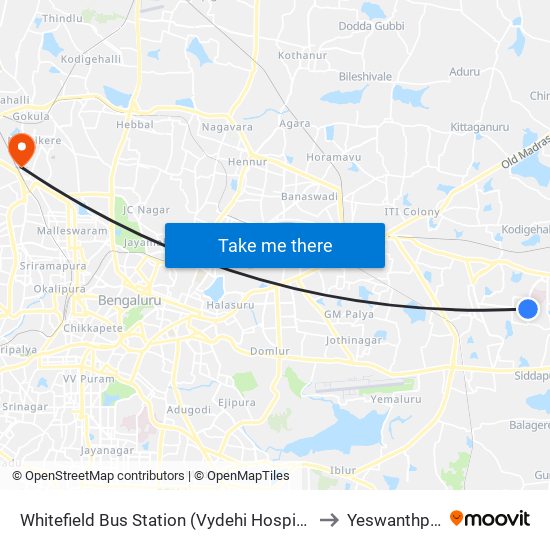 Whitefield Bus Station (Vydehi Hospital) to Yeswanthpur map