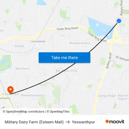 Military Dairy Farm (Esteem Mall) to Yeswanthpur map