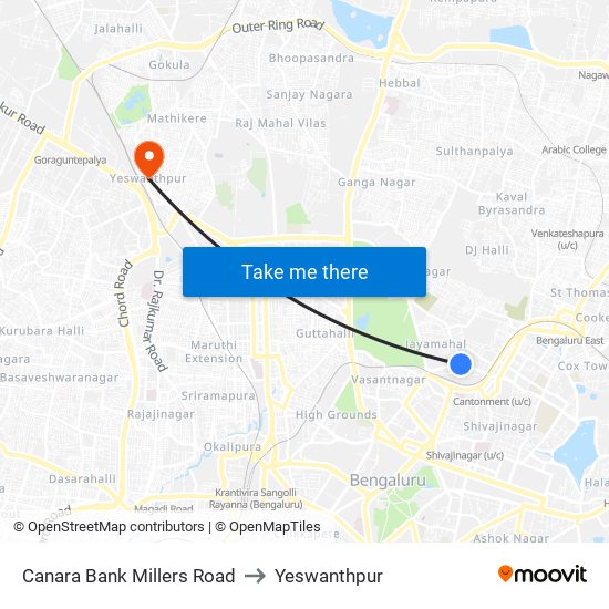 Canara Bank Millers Road to Yeswanthpur map