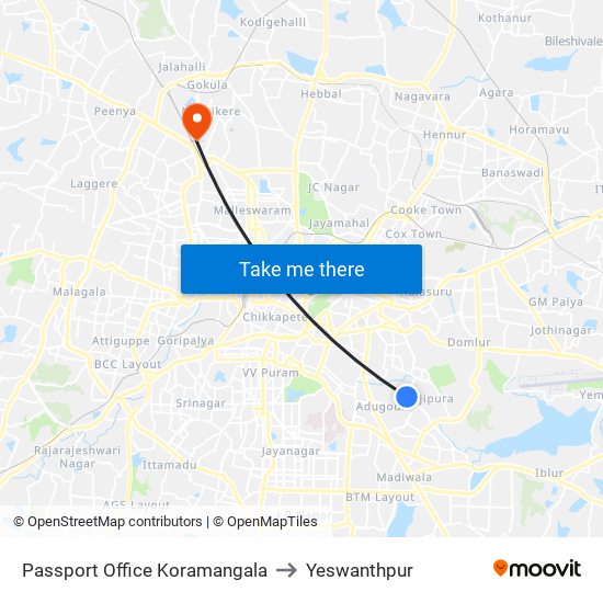 Passport Office Koramangala to Yeswanthpur map